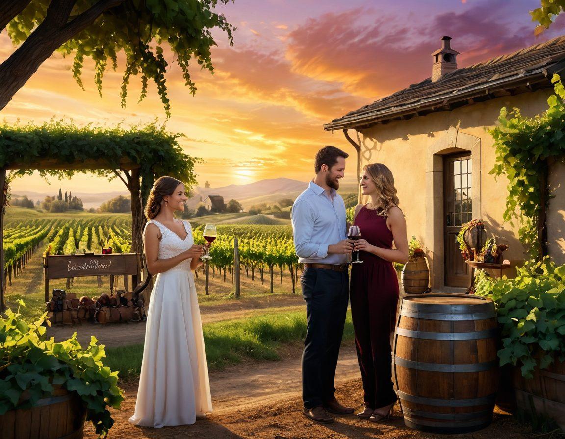 A picturesque vineyard under a golden sunset, with rows of lush grapevines leading to a charming winery. A couple clinks their glasses of wine, smiling with joy, surrounded by barrels and bottles showcasing diverse wines. Soft lights twinkle above, adding a magical ambiance. Include a small signpost pointing to different wine varieties. super-realistic. vibrant colors. enchanting atmosphere.