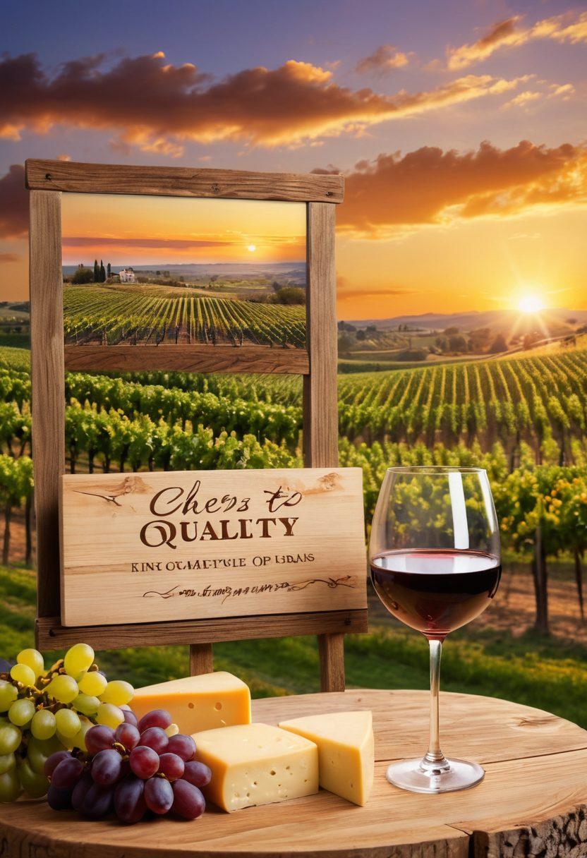 A rich vineyard landscape at sunset with rows of grapes and a rustic wooden sign reading 'Cheers to Quality Wines'. In the foreground, a glass of red wine glistens, reflecting the golden hues of the sky. Include elements like a laptop open with wine reviews visible on the screen, and a nearby cheese platter for pairing. The scene should evoke warmth and sophistication. vibrant colors. super-realistic.
