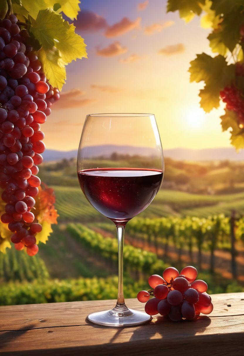 A visually stunning grape vineyard with ripe grapes sparkling under the sun, leading into an elegant wine glass filled with a rich, ruby-red wine. Include swirling aromas represented by colorful wisps that float around, embodying joyful experiences and flavor enhancements. In the background, a sunset casts a warm glow over the landscape, inviting viewers into the world of wine appreciation. super-realistic. vibrant colors. 3D.